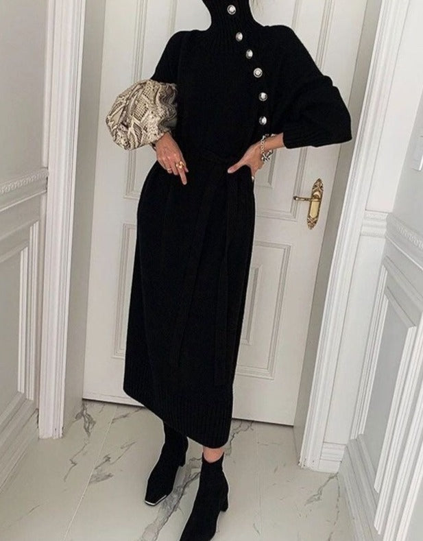 Knit Balloon-Sleeve Dress with a Roll Neck