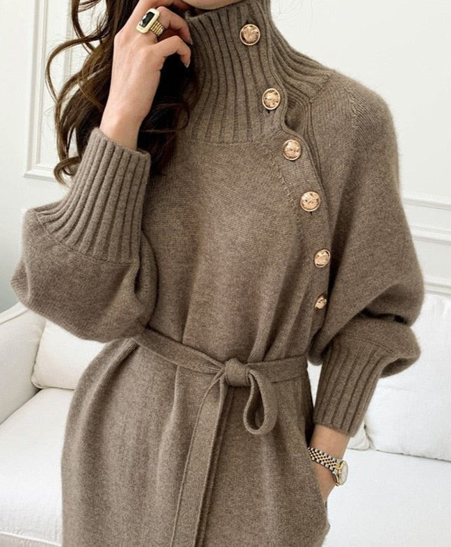Knit Balloon-Sleeve Dress with a Roll Neck