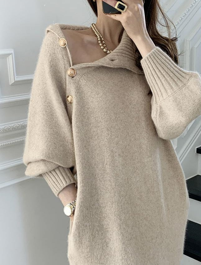 Knit Balloon-Sleeve Dress with a Roll Neck