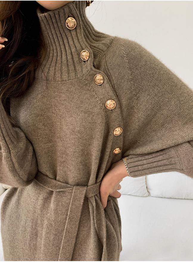 Knit Balloon-Sleeve Dress with a Roll Neck