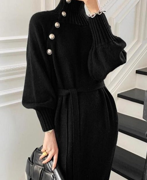 Knit Balloon-Sleeve Dress with a Roll Neck