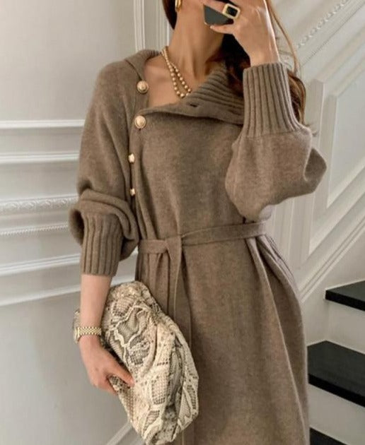 Knit Balloon-Sleeve Dress with a Roll Neck