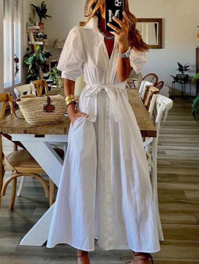 Single-Breasted Tie-Waist Dress with Button Details