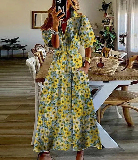 Single-Breasted Tie-Waist Dress with Button Details