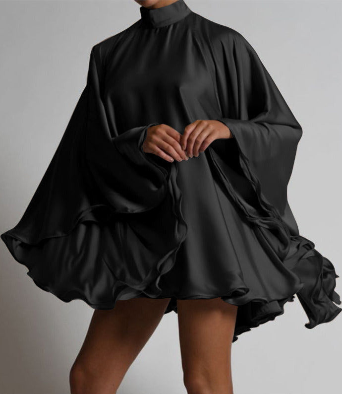 Satin Bell-Sleeve Dress with an Open Back