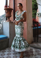 Plunging-V Ruffled Maxi Dress with an Open Back