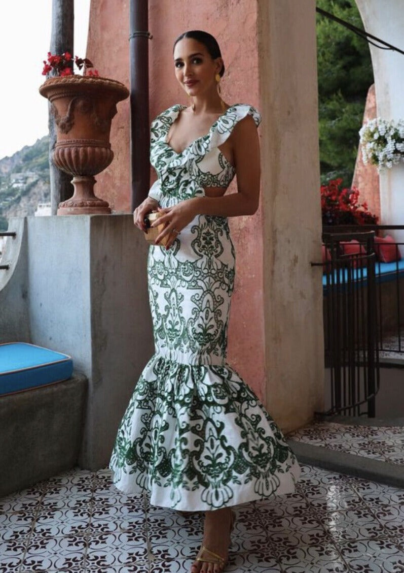 Plunging-V Ruffled Maxi Dress with an Open Back