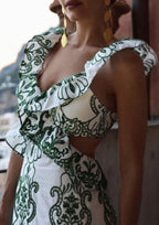 Plunging-V Ruffled Maxi Dress with an Open Back