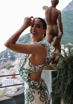 Plunging-V Ruffled Maxi Dress with an Open Back