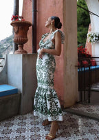 Plunging-V Ruffled Maxi Dress with an Open Back