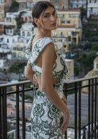 Plunging-V Ruffled Maxi Dress with an Open Back
