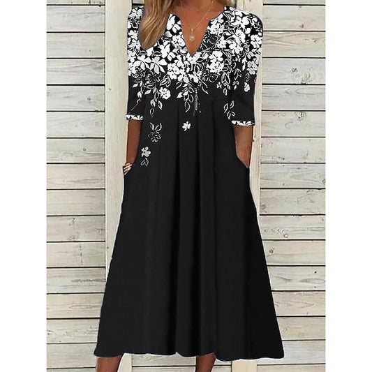 Black V Neck Button Puff Sleeve Slit Party Casual Midi Dress