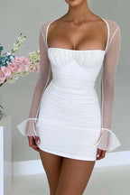 Pleated Paneled Long-Sleeve Mini Dress