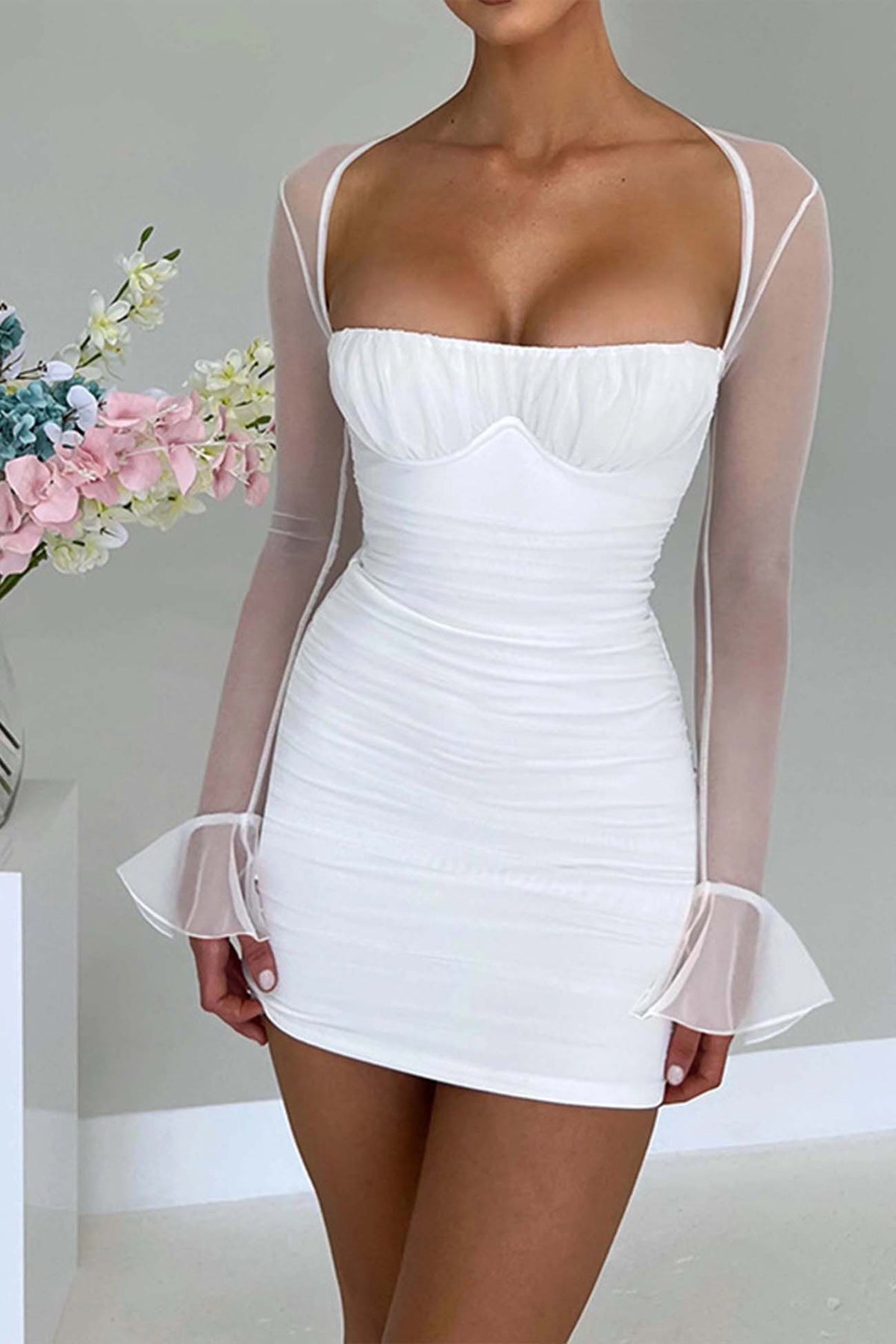 Pleated Paneled Long-Sleeve Mini Dress