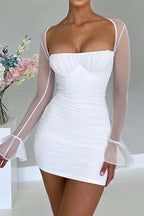 Pleated Paneled Long-Sleeve Mini Dress