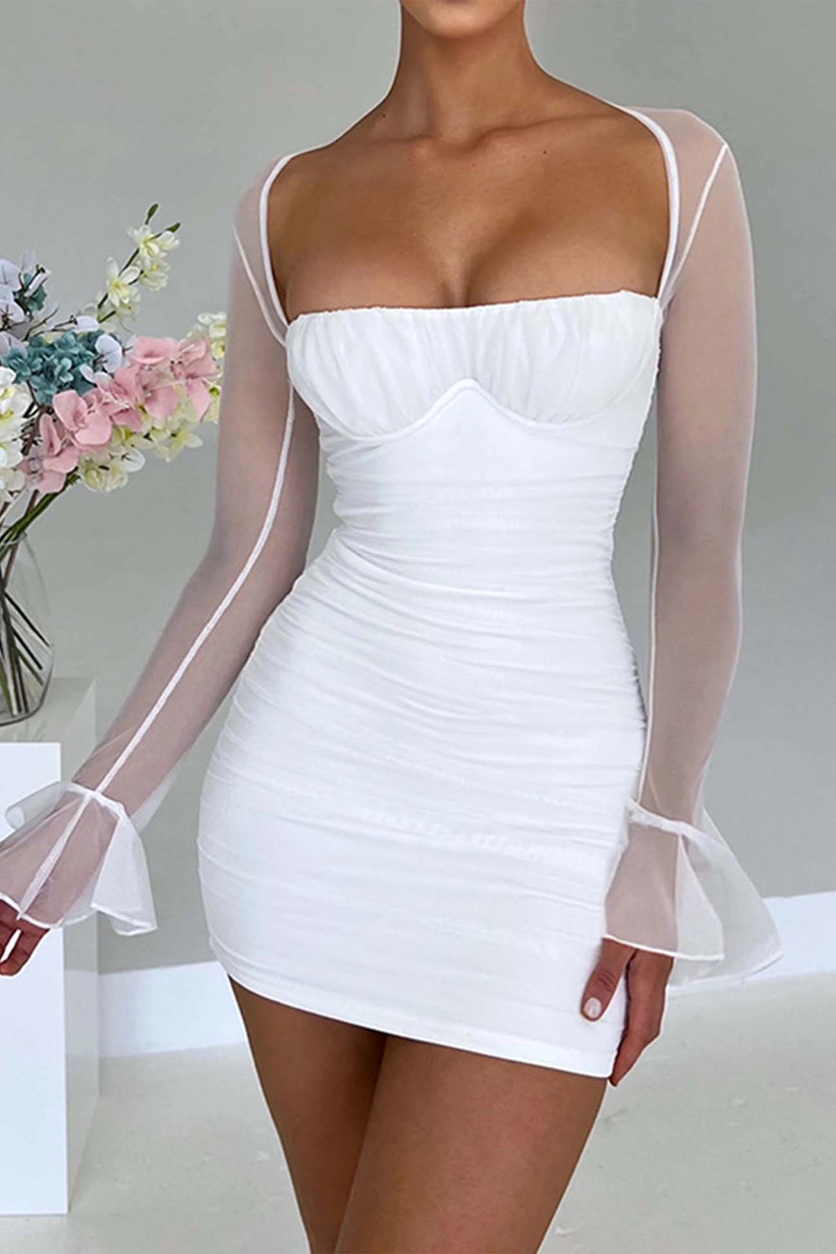 Pleated Paneled Long-Sleeve Mini Dress