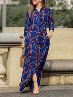 Printed Lapel-Collar Button-Detail Dress