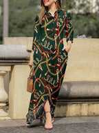 Printed Lapel-Collar Button-Detail Dress