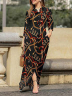 Printed Lapel-Collar Button-Detail Dress