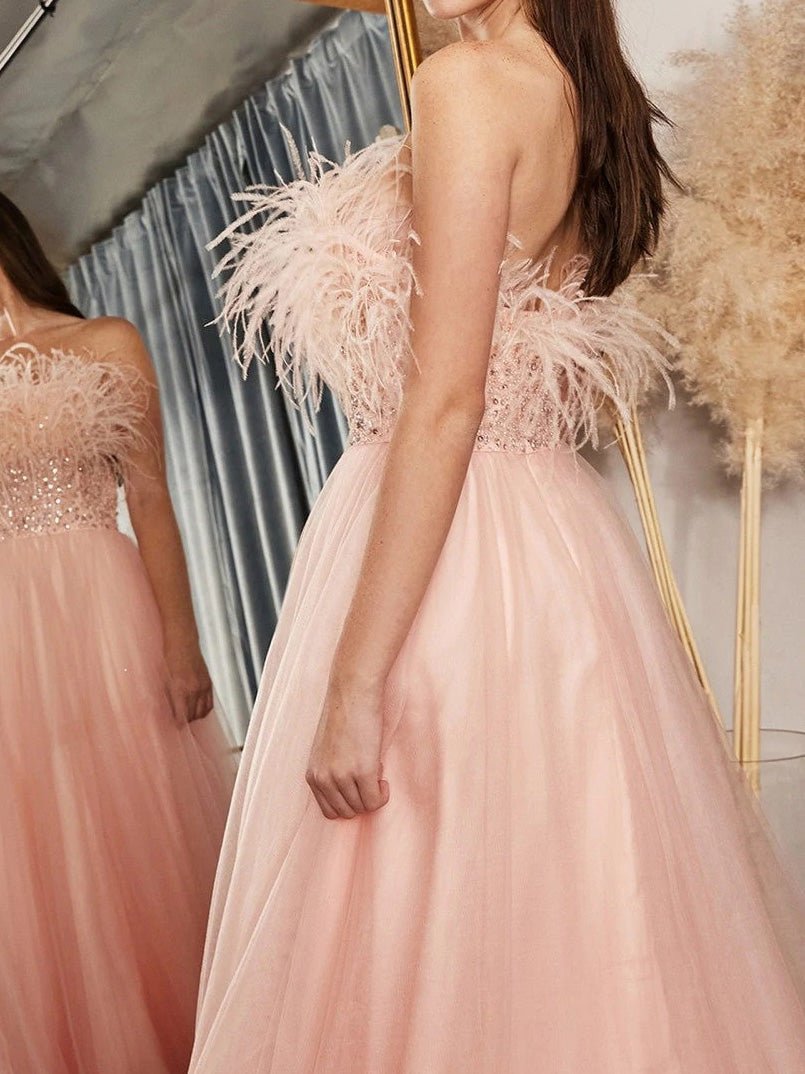 Sequined Mesh Dress with Feather Details