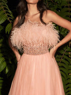 Sequined Mesh Dress with Feather Details