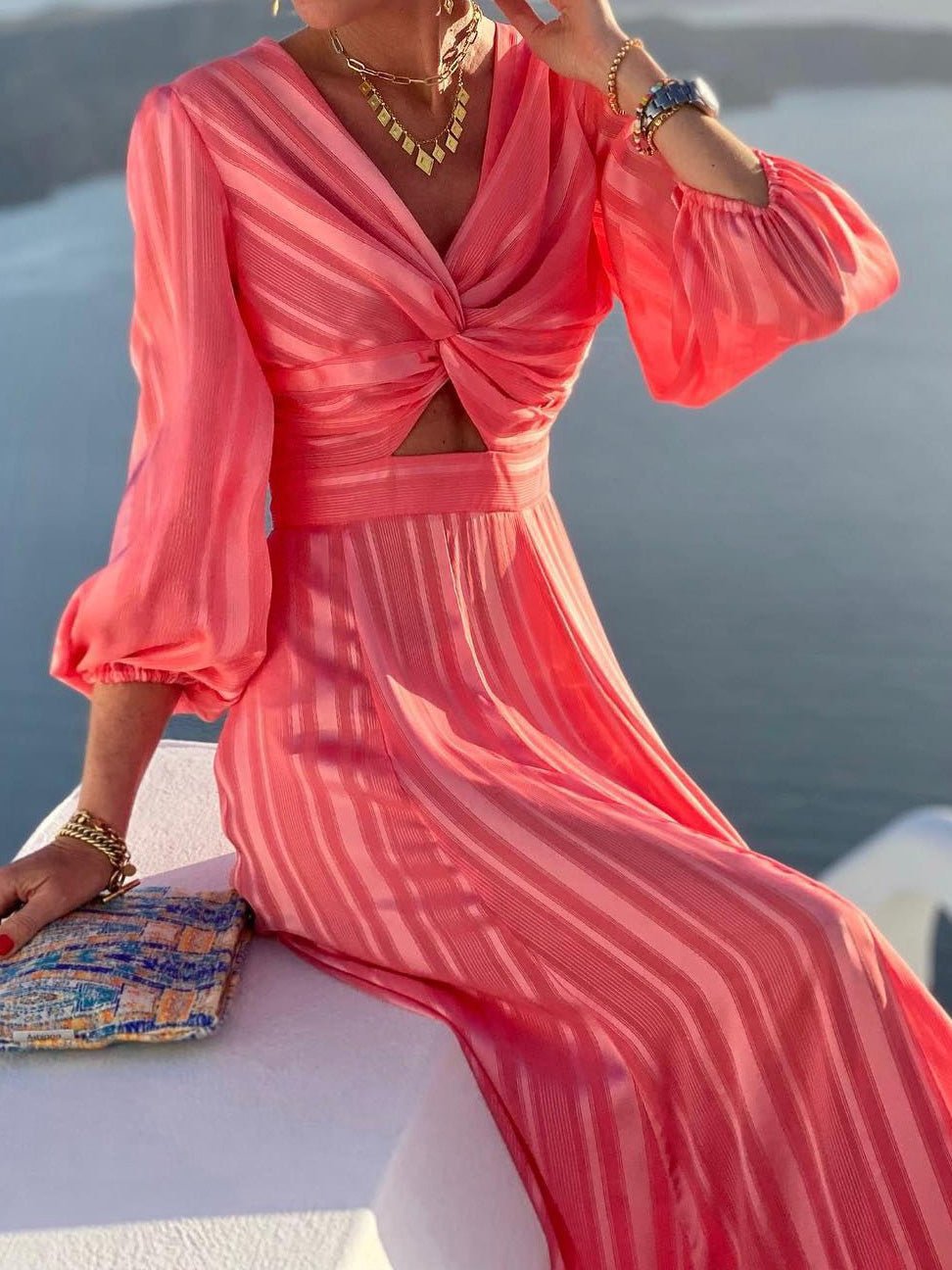 Striped Puff-Sleeve Dress
